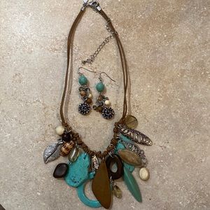 Cookie Lee Signed Turquoise, Silver natural beads leather cord matching earrings